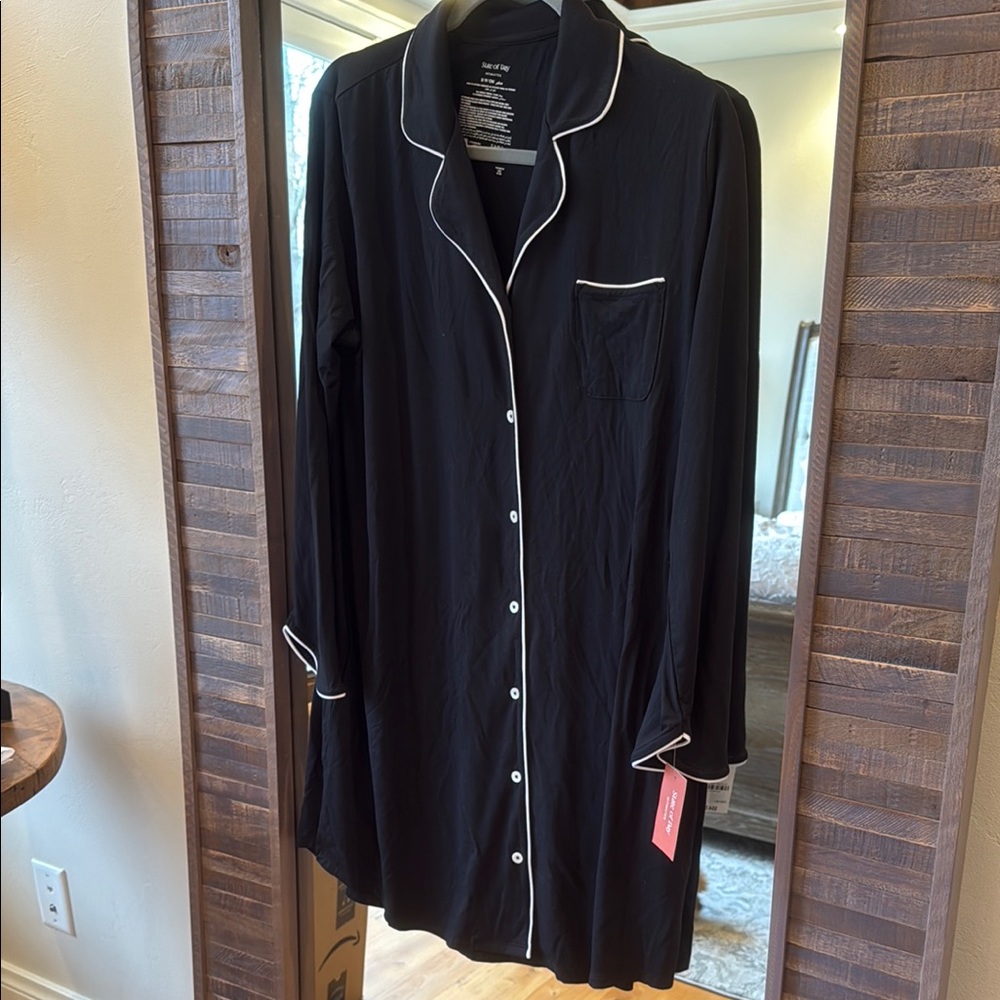 Elegant Black Pajama Top with White Piping